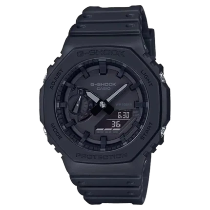 ساعت مچی کاسیو GA-2100-1A1 مدل G-SHOCK با طراحی تمام‌مشکی و قاب هشت‌ضلعی کربنی
