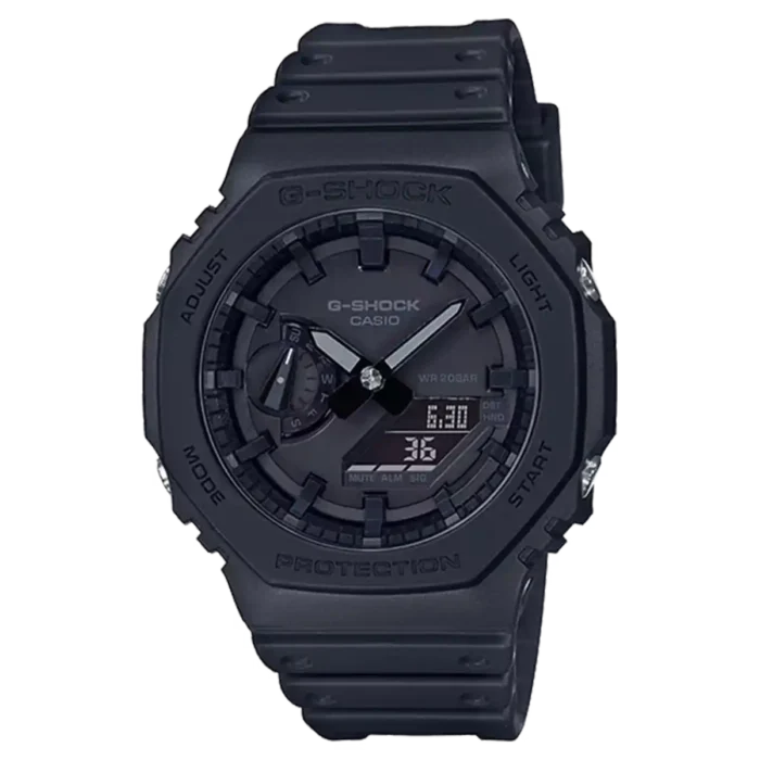 ساعت مچی کاسیو GA-2100-1A1 مدل G-SHOCK با طراحی تمام‌مشکی و قاب هشت‌ضلعی کربنی